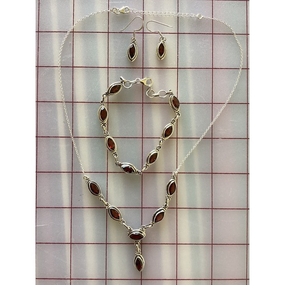 Sterling Silver Garnet Jewelry Set Necklace Bracelet Earrings Dangle - Picture 1 of 6